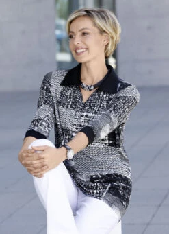 Allover Gemustertes Poloshirt Mit 3/4-langen Ärmeln