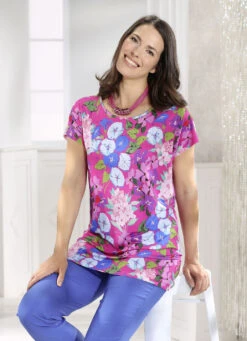 Floral Gemustertes Longshirt Mit Strasszier